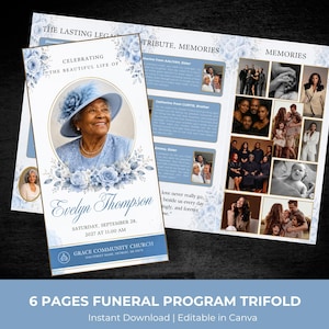 May include: A six-page funeral programme trifold featuring a blue floral theme. The cover displays a portrait of Evelyn Thompson in a blue hat, with service details for Grace Community Church. The interior panels contain photo collages and text.