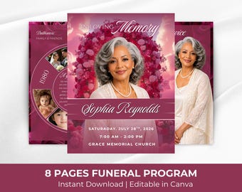 May include: A funeral program template with a portrait of a woman, framed by pink flowers, with the text "In Loving Memory" and "Sophia Reynolds." The program includes service details and the text "8 Pages Funeral Program."