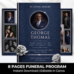 Plantilla de programa funerario azul y plateado: Memorial de 8 páginas (Canva, descarga digital)