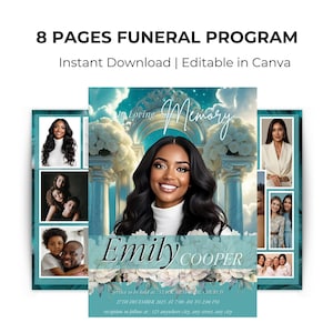May include: A funeral program template with a teal and white design. The program features a photo of a woman, the name "Emily Cooper", and the text "8 PAGES FUNERAL PROGRAM". Additional photos and text are also included.