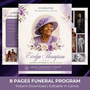 Può includere: Un programma funebre di otto pagine con il ritratto di una donna con cappello e abito viola, circondato da illustrazioni floreali viola e bianche. Il testo recita Celebrating The Beautiful Life Of Evelyn Thompson.