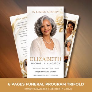 May include: A funeral program trifold with a portrait of a woman with gray hair, a pearl necklace, and a white jacket. The program includes the text "In Loving Memory" and "Elizabeth Michael Livingston."