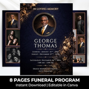 Blue & Gold Funeral Program Template: 8-Page Memorial (Canva, Digital Download)