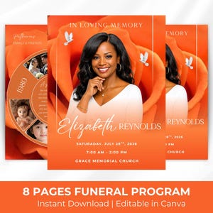 May include: Funeral program with an orange gradient background and a photo of a woman. The program includes the text "In Loving Memory" and "Elizabeth Reynolds." Additional text includes the date, time, and location of the service. The bottom of the program reads "8 Pages Funeral Program."