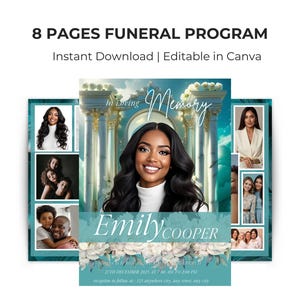 Könnte beinhalten: Eine türkisfarbene Trauerprogrammvorlage mit dem Text "8 PAGES FUNERAL PROGRAM" und "Instant Download | Editable in Canva." Das Design umfasst Fotos, florale Akzente und den Namen "Emily Cooper."