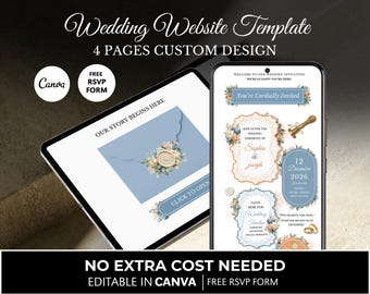 Floral Wedding Website Template, Modern Dusty Blue Peach Design (Digital Download)