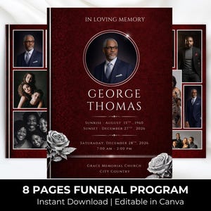Puede incluir: Un programa fúnebre con un fondo burdeos y un retrato central de un hombre con traje. El programa incluye el nombre "George Thomas", fechas y detalles del evento. El texto inferior dice "8 Pages Funeral Program".