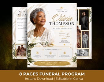 May include: An eight-page funeral program template featuring a portrait of an older woman with short gray hair, gold text reading Olivia Thompson, and floral accents. The design includes sections for service details, photos, and memorial text in gold and white.