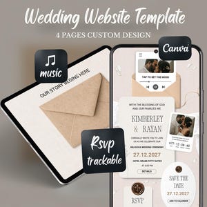 May include: A digital wedding website template displayed on a tablet and smartphone. The design includes a music player, RSVP tracking, and a "Save the Date" feature. The text reads "Wedding Website Template" and "4 Pages Custom Design."