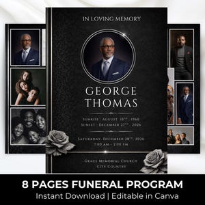Op de afbeelding: Een zwart-wit begrafenisprogramma met een portret van George Thomas. Het programma bevat familiefoto's, bloemaccenten en evenementdetails. De tekst onderaan luidt "8 Pages Funeral Program" en "Instant Download | Editable in Canva."