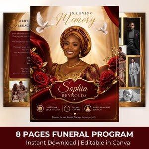 May include: A funeral program template featuring a portrait of a person in traditional attire, surrounded by red roses, white doves, and gold accents. The text reads In Loving Memory, Sophia Reynolds, and includes event details for Grace Memorial Church.