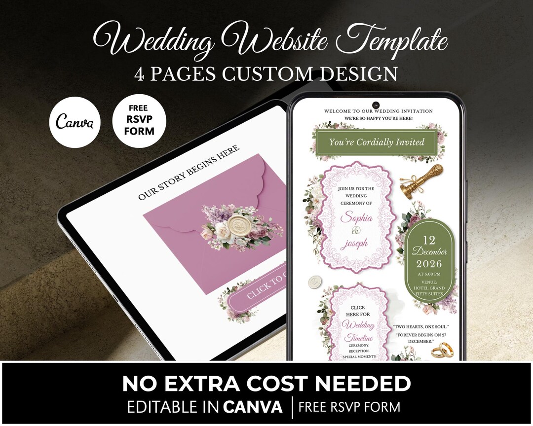 Dusty Purple Floral Wedding Website Template Online RSVP (canva