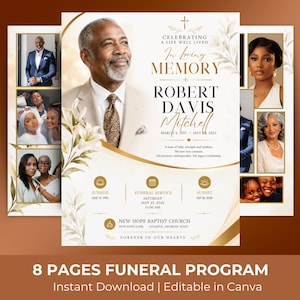 Puede incluir: Una plantilla de programa funerario de ocho páginas con el retrato de un hombre en traje, detalles florales dorados y texto que incluye Celebrating a Life Well Lived, In Loving Memory, Robert Davis Mitchell y New Hope Baptist Church.