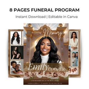 Può includere: Modello di programma funebre con il testo "8 PAGES FUNERAL PROGRAM" e "Instant Download | Editable in Canva". Il design presenta un ritratto centrale, il nome "Emily COOPER" e foto aggiuntive. Il programma include i dettagli dell'evento.