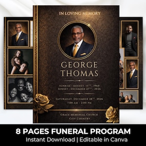 Può includere: Un programma funebre con un design marrone scuro e oro. La copertina presenta un ritratto in una cornice dorata, il nome "GEORGE THOMAS" e le date. Sono incluse foto e testo aggiuntivi. Il testo in basso recita "8 PAGES FUNERAL PROGRAM".