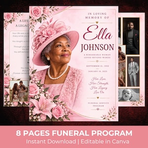 May include: An 8-page funeral programme template in soft pink with floral accents. The cover features a portrait of an older person in a pink hat and pearl necklace, with text reading In Loving Memory of Ella Johnson, September 21, 1950, January 18, 2023.