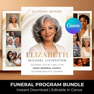 May include: A funeral program template featuring a central portrait of a person with gray hair, gold text reading IN LOVING MEMORY, ELIZABETH, and MICHAEL LIVINGSTON, with event details for July 28th, 2026, at Grace Memorial Church, surrounded by photo collages.