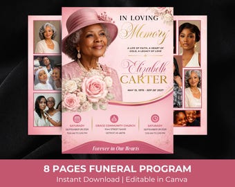 May include: An eight-page funeral program template in shades of pink and gold. The cover features a portrait of an older person in a pink hat, pink roses, and the text: In Loving Memory, Elizabeth Carter, May 15, 1975 - Sep 28, 2027, Forever in Our Hearts.