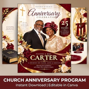 Könnte beinhalten: Eine Vorlage für ein Kirchenjubiläumsprogramm in Kastanienbraun und Gold mit floralen Akzenten. Das Design enthält den Text Pastoral & Church Anniversary Celebration, 25 Years of Faithful Leadership & Service und Pastor & Mrs. Carter.
