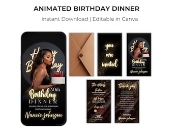 Animated Birthday Dinner Invitation, Gold Party Celebration (Canva Editable Video Invite)