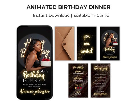 Animated Birthday Dinner Invitation, Gold Party Celebration (Canva Editable Video Invite)