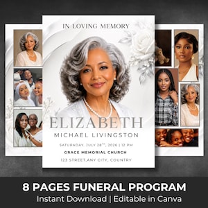 May include: An 8-page funeral program template featuring a white background with silver floral accents. The cover displays the text IN LOVING MEMORY, ELIZABETH MICHAEL LIVINGSTON, SATURDAY, JULY 28TH, 2026, 12 PM, GRACE MEMORIAL CHURCH, 123 STREET, ANY CITY, COUNTRY.