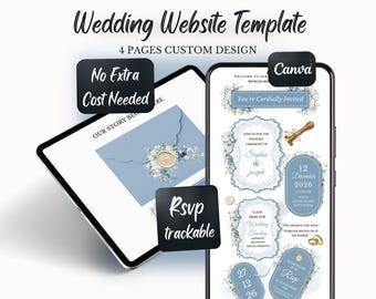 Dusty Blue Floral Wedding Website Template: Editable Canva Design (Digital Download)