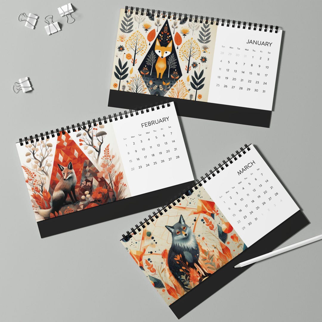 Woodland Fox Illustration Desktop Calendar | 2026 Grid Desk Calendar - Etsy