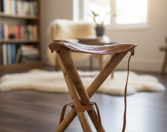 Handmade Leather Tripod Stool – Portable Walnut Wood Camping Seat