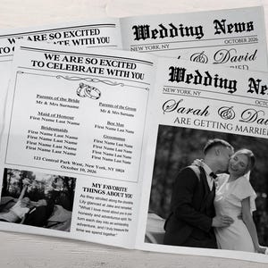 Op de afbeelding: Trouw aankondigingen in krantenstijl met de kop "Wedding News" en de namen "Sarah & David" en "David" in een klassiek lettertype. De aankondigingen bevatten huwelijksdetails en een zwart-wit foto van een stel.