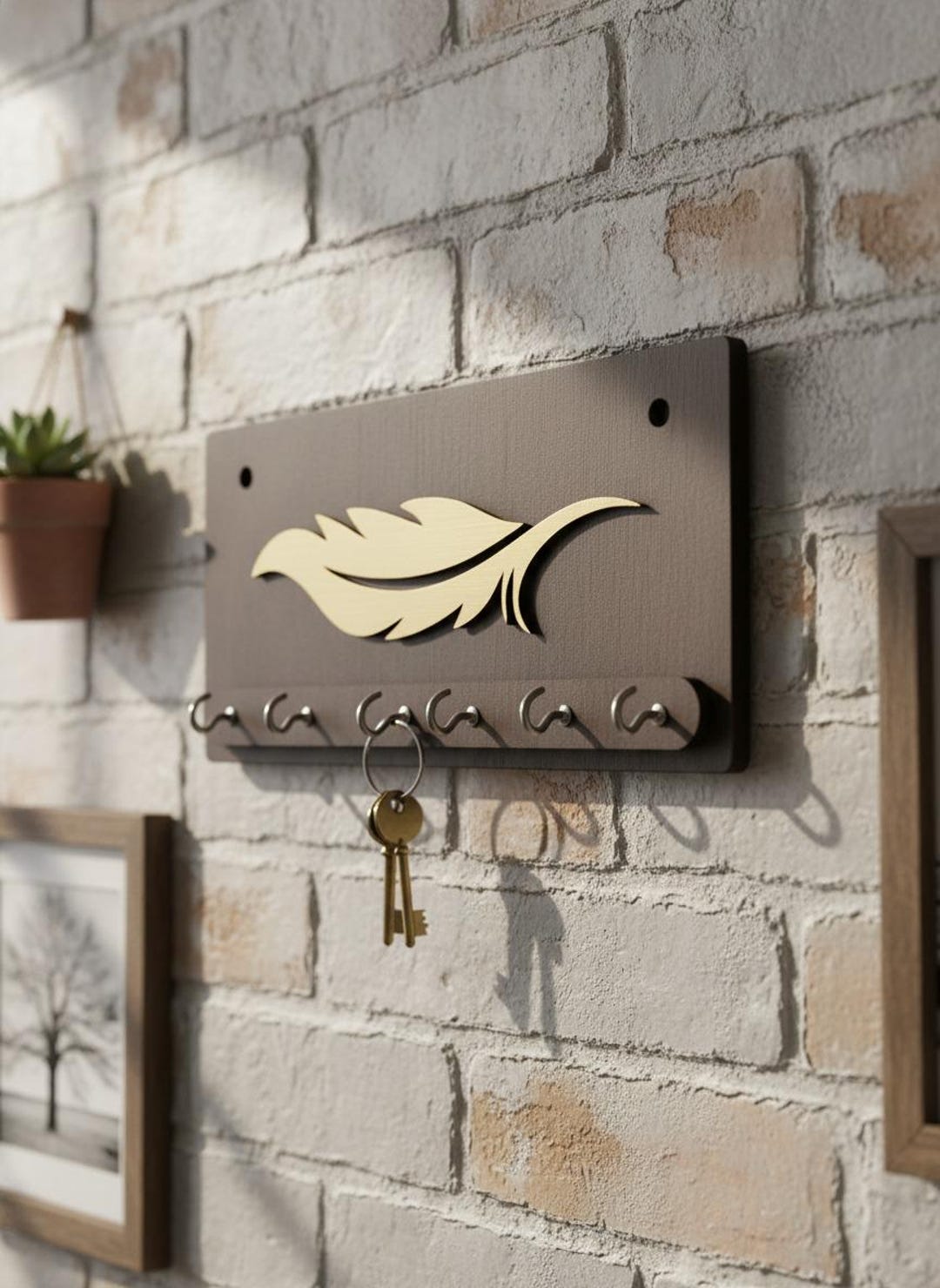 Handmade Wooden Key Holder With Feather Design | Wall Mounted Key Rack ...