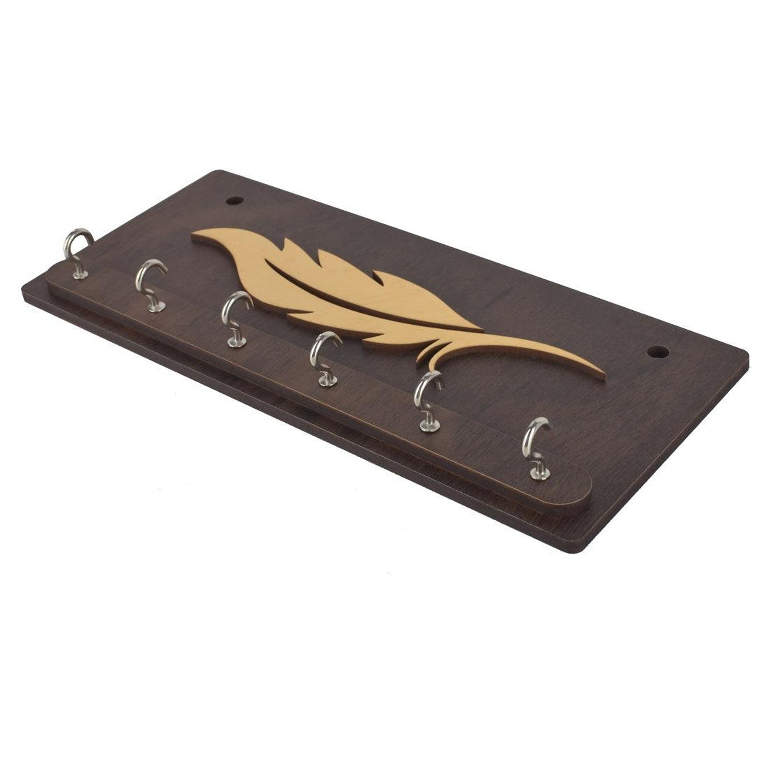 Handmade Wooden Key Holder With Feather Design | Wall Mounted Key Rack ...