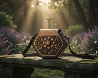 May include: A brown and tan hexagonal handbag with a floral design on the front, set on a stone bench in a garden. The bag has a long, adjustable strap. The background features lavender bushes, white flowers, and a fountain.