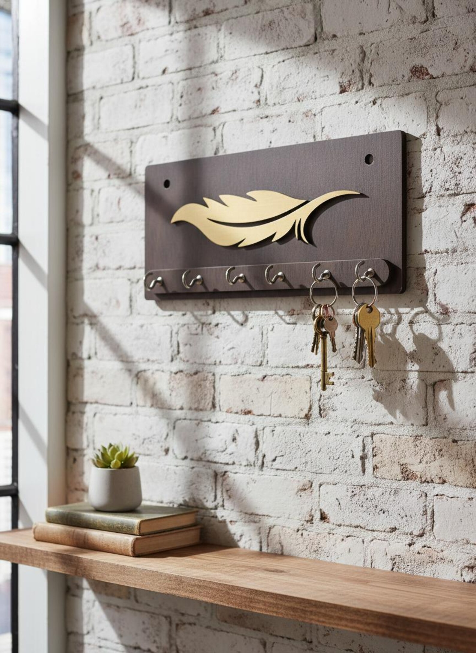 Handmade Wooden Key Holder With Feather Design | Wall Mounted Key Rack ...