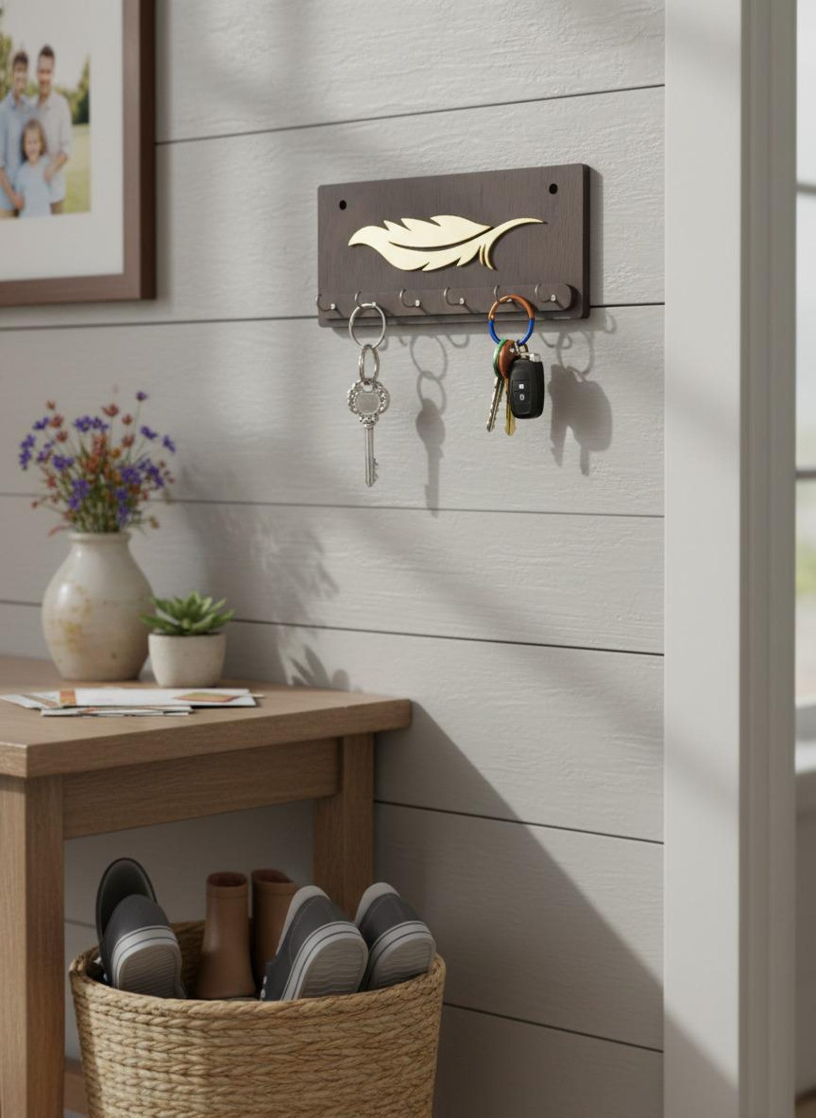 Handmade Wooden Key Holder With Feather Design | Wall Mounted Key Rack ...