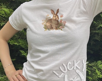Vintage Rabbit Floral Baby Tee, Y2K Cotton Bunny Shirt