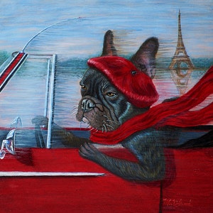 Può includere: Dipinto di un bulldog francese nero con basco e sciarpa rossi, in una decappottabile rossa. La Torre Eiffel è visibile sullo sfondo, con cielo e acqua sfocati.