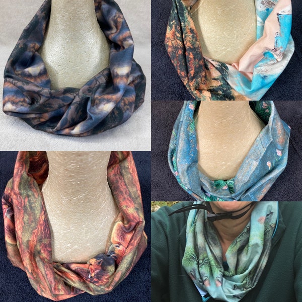 Wildlife Infinity Scarves - Cozy Style, Modern Jersey Wildlife Collection, Illustrated with Original Artwork by Marie C. Kirkwood