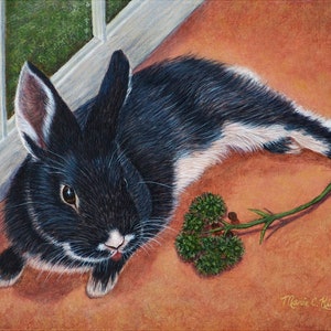 Black Bunny Art Print- &#39;Hiding the Evidence&#39;- Unframed 6&quot; x 8&quot; Lim. Ed. Giclee on Canvas, Nursery Decor, Made in USA