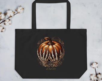 Elite Noir Pumpkin Organic Tote Bag – Black Gothic Tote with Pumpkin and Bone Motif | La Maison Noir