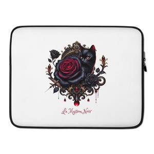 May include: White laptop sleeve with a gothic design. It features a black cat, red rose, and ornate frame. The design includes black roses, red accents, and the text "La Maison Noir". The sleeve has a black border.