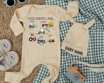 Body para bebé "Dios dice que soy", conjunto cristiano de granja para bebé, ropa de tractor para recién nacido, pelele de granja para la salida del hospital, regalo religioso para bebé