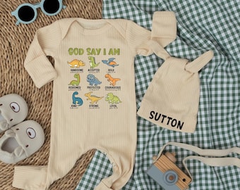 Body de bebé con estampado de dinosaurio y la frase "Dios dice que soy yo", conjunto cristiano para bebé niño con versículo bíblico, ropa de bebé con temática religiosa, pelele personalizado con nombre religioso para recién nacido