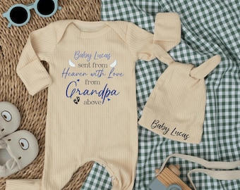 Body de bebé niño "Enviado desde el cielo", mameluco de bebé "Abuelo en el cielo", atuendo personalizado para recién nacido, regalo conmemorativo para bebé, cuidadosamente seleccionado para la Tierra