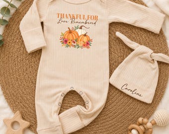 Thankful for Love Remembered Baby Romper, Personalized Thanksgiving Memorial Outfit, Custom Name Fall Remembrance Keepsake