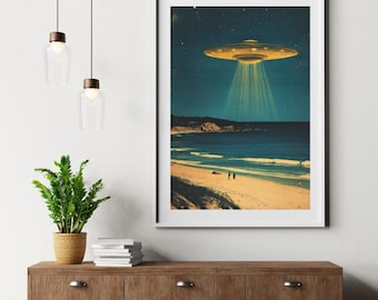 Retro UFO Beach Art Print | Mid-Century Sci-Fi Gallery Wall