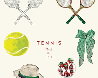 Tennis Clipart Set | Hand Drawn Rackets, Ball, Bow & Strawberries | Preppy Sport Illustrations