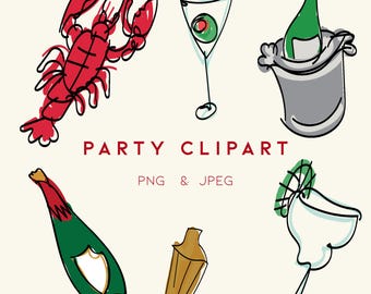 Hand Drawn Party Clipart Set (6 PNG & JPEG) | Lobster, Champagne, Martini, Cocktail Illustrations