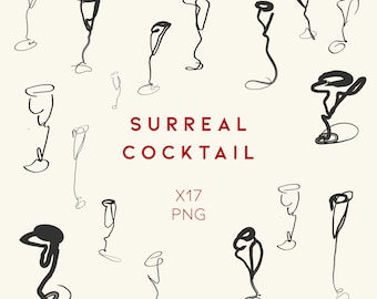 Abstract Cocktail Glass Clipart Set | Modern One Line Drawing PNG | Minimalist Bar Art Graphics