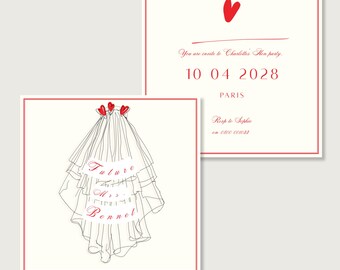 Bridal Veil Hen Party Invitation | Red Heart Design (Editable Canva Template)